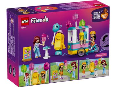 LEGO Friends 43802 Ice Cream Cart building set box, featuring a colorful ice cream cart with mini-dolls and accessories on a purple background.