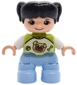 Preowned LEGO® Minifigure – DUPLO 47205pb127 (Duplo Figure Lego Ville, Child Girl, Bright Light Blue Legs, Lime Top with Pug