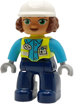 Preowned LEGO® Minifigure – DUPLO 47394pb362 (Duplo Figure Lego Ville, Female Railway Worker, Dark Blue Legs, Neon Yellow Ves