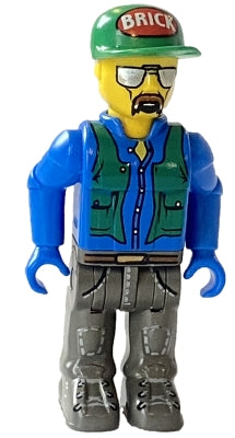 Preowned LEGO® Minifigure – 4 Juniors 4j003a Construction Worker with Blue Shirt, Green Vest and Cap with the Word 'Brick'