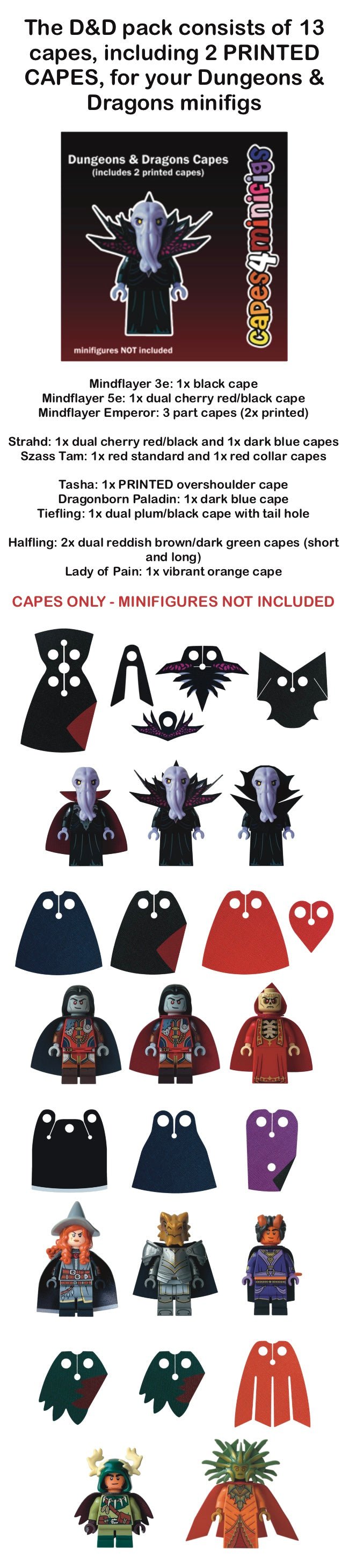 D&D themed custom LEGO minifigure cape pack, 15 piece assorted set