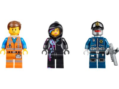 Three LEGO minifigures shown side by side on a plain white background: an orange construction worker, a black hooded figure with colorful graffiti-style accents, and a blue police officer with a gun.