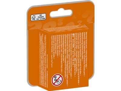 Orange packaging with text and symbols on a white background