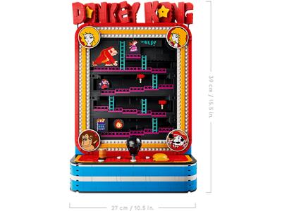 A Super Mario-themed toy arcade machine set shown on a white background with dimension lines indicating 39 cm in height and 27 cm in width. The toy features red 'DINOSAUR KING' signage, multicolored shelves, Mario, Luigi, and other platformer characters, and blue and silver base panels.