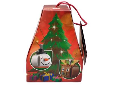 A festive red gift box with a Christmas tree illustration, a snowman ornament inset, a stocking inset, and a red hanging loop, photographed on a plain white background.
