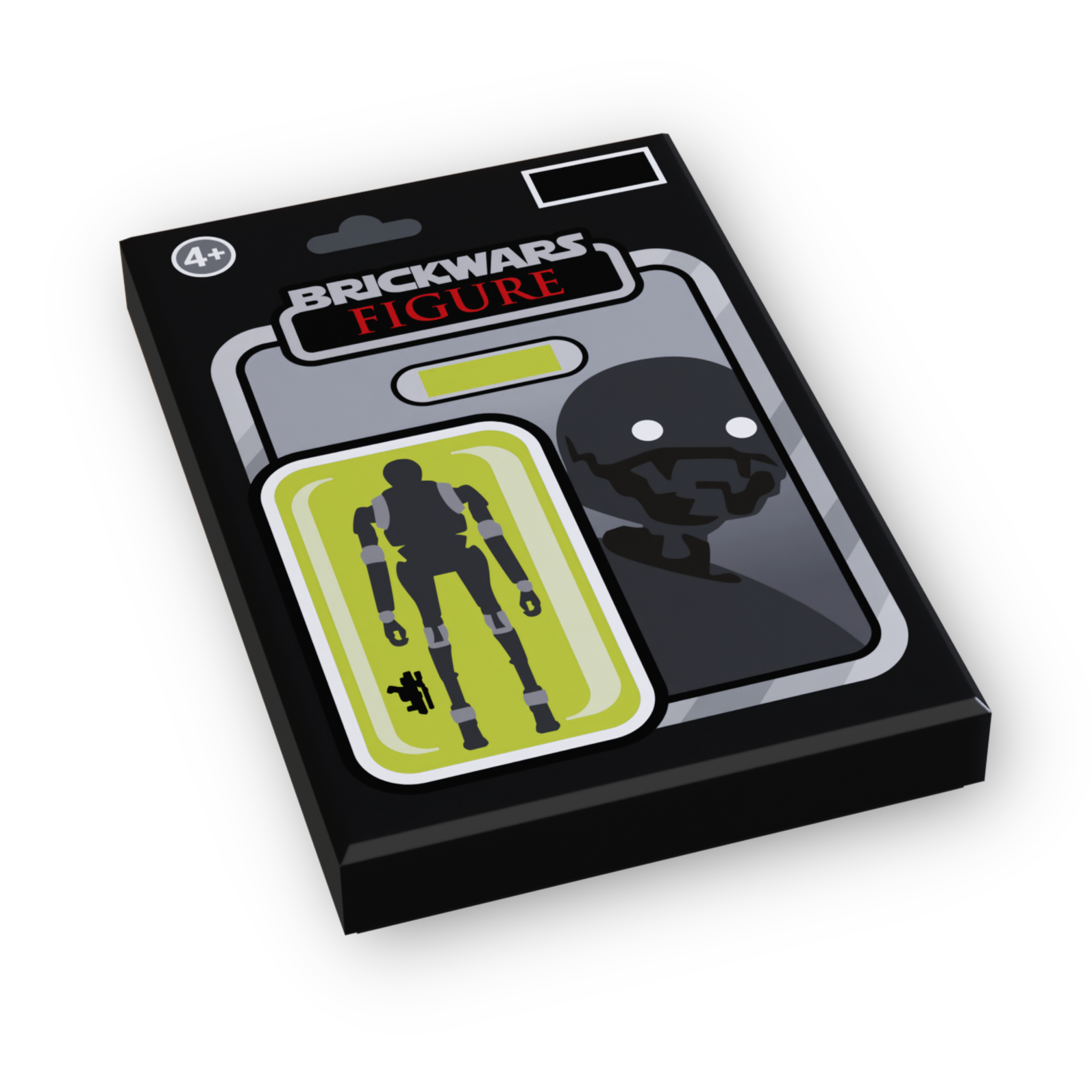 BrickWars figure packaging with a black and gray design on a white background