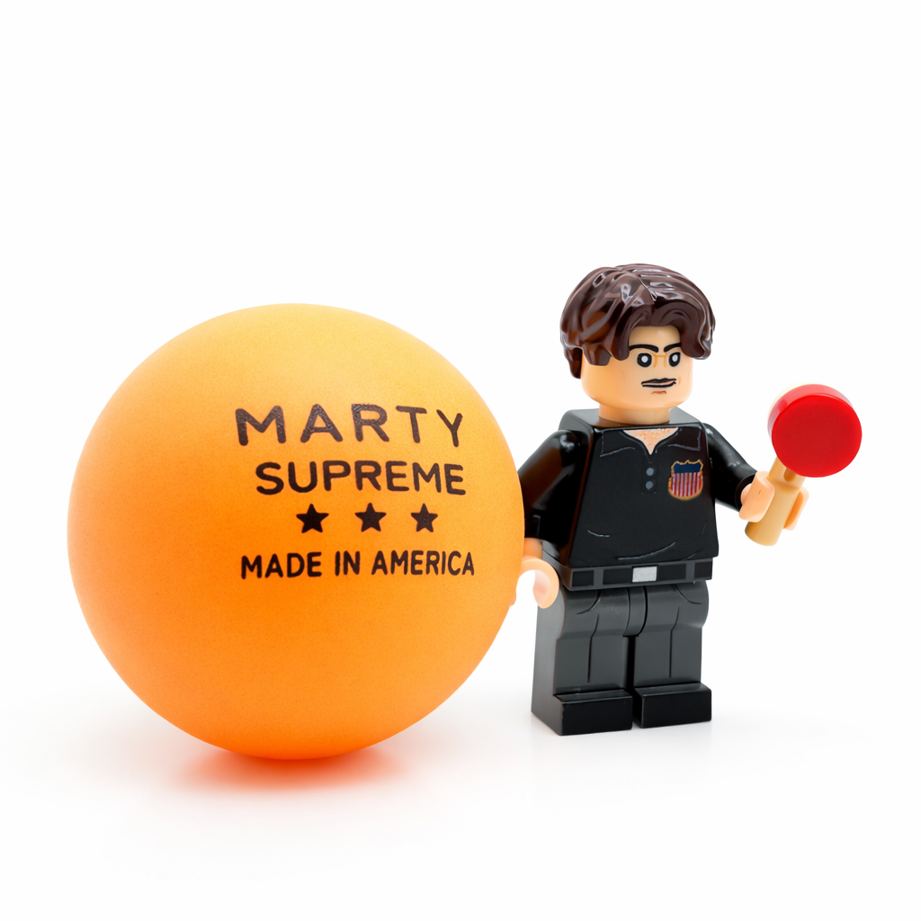 Toy figure holding a large orange ball with text, on a white background