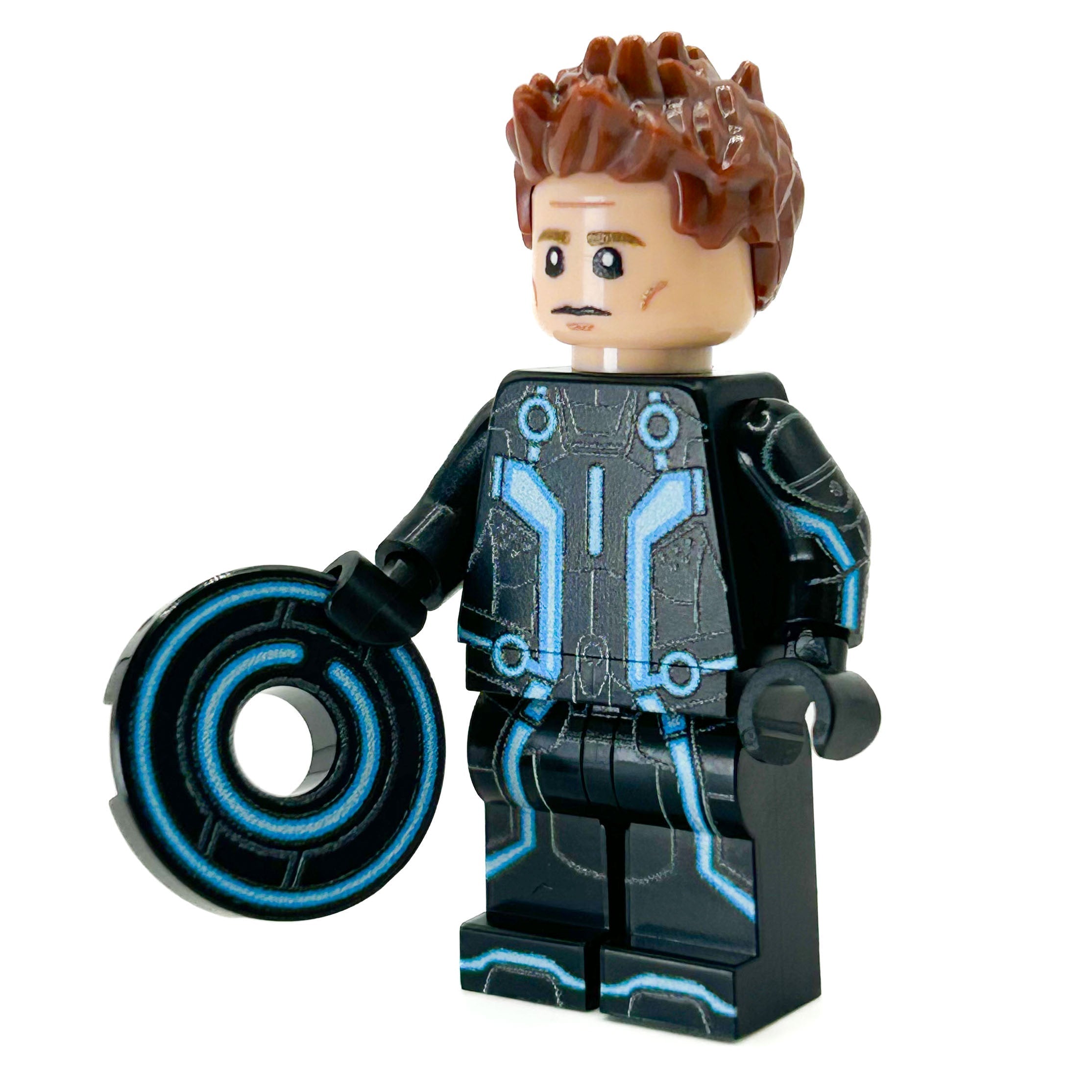 Toy figure with a futuristic design and blue accents on a white background