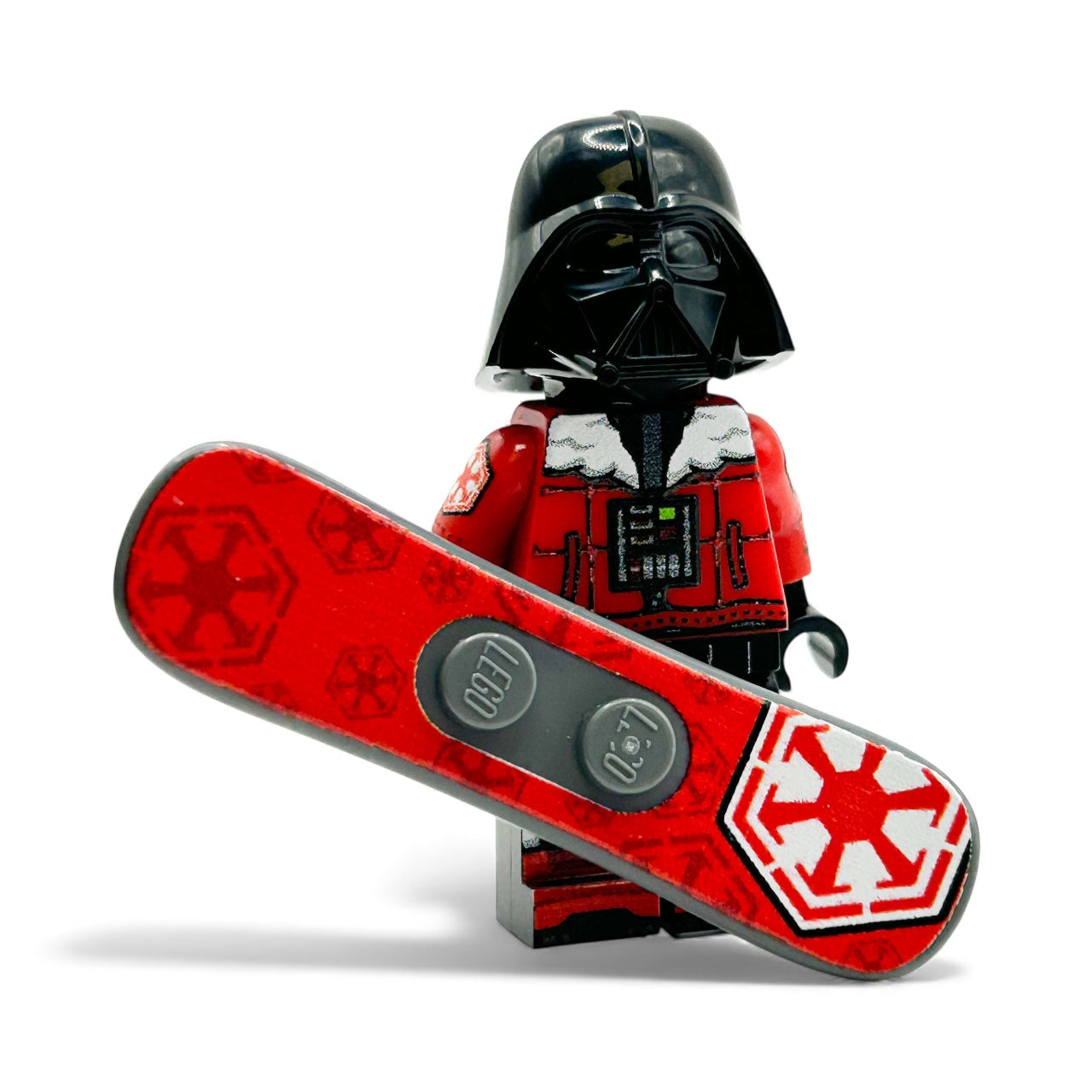 LEGO Darth Vader figure with a red and black snowboard on a white background