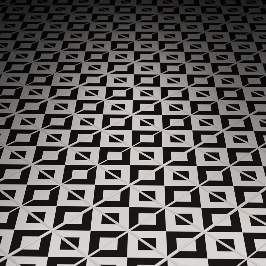 Black and white geometric tile pattern on a floor