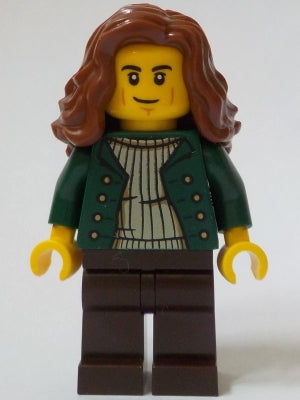 Preowned LEGO® Minifigure – BrickLink Designer Program adp116 General Store Customer - Female, Dark Green Open Jacket, Dark B