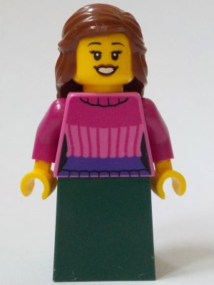 Preowned LEGO® Minifigure – BrickLink Designer Program adp118 General Store Customer - Female, Dark Pink Sweater, Dark Green