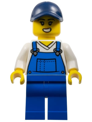 Preowned LEGO® Minifigure – BrickLink Designer Program adp121 Train Worker - Female, Blue Overalls, Dark Blue Cap