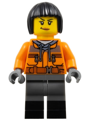 Preowned LEGO® Minifigure – BrickLink Designer Program adp125 Train Worker - Orange Jacket, Dark Blue Gray Legs with Black Bo