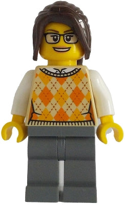 Preowned LEGO® Minifigure – BrickLink Designer Program adp129 Ticket Vendor - Female, Tan Knit Argyle Sweater Vest, Dark Blui
