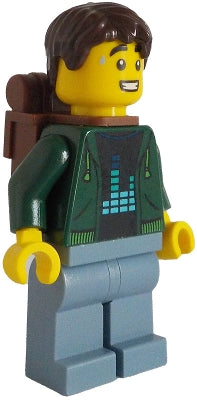 Preowned LEGO® Minifigure – BrickLink Designer Program adp130 Traveler - Male, Dark Green Hoodie, Sand Blue Legs, Dark Brown