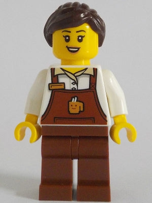 Preowned LEGO® Minifigure – BrickLink Designer Program adp132 Barkeeper - Female, Reddish Brown Apron with Cup and Name Tag,