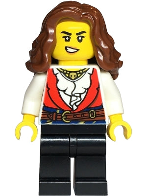 Preowned LEGO® Minifigure – BrickLink Designer Program adp145 Pirate - Female, Red Vest over White Shirt, Black Legs, Reddish
