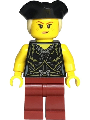 Preowned LEGO® Minifigure – BrickLink Designer Program adp146 Pirate - Female, Black Dress Top, Dark Red Legs, Black Tricorne