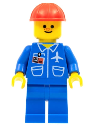 Preowned LEGO® Minifigure – Town air008 Airport Blue Blue Legs Red Construction Helmet