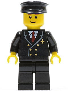 Preowned LEGO® Minifigure – Town air022 Airport Pilot w/Red Tie and 6 Buttons Black Legs Bl