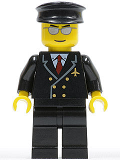 Preowned LEGO® Minifigure – Town air032 Airport Pilot w/Red Tie and 6 Buttons Black Legs Bl