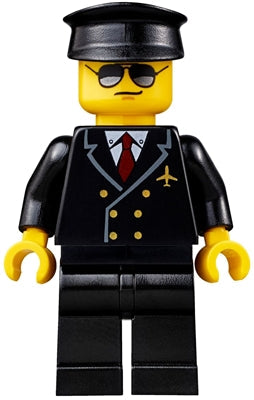 Preowned LEGO® Minifigure – Town air055 Airport Pilot Black Legs Red Tie and 6 Buttons Blac