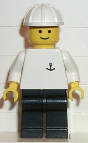 Preowned LEGO® Minifigure – Town boat003 Boat Worker Torso w/Anchor Black Legs White Constr
