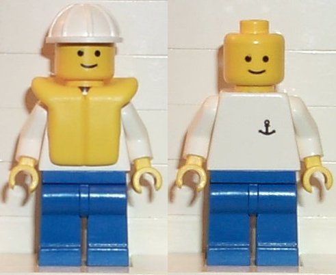 Preowned LEGO® Minifigure – Town boat006 Boat Worker Torso w/Anchor Blue Legs White Constru