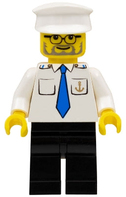 Preowned LEGO® Minifigure – Town boat009 Boat Captain w/Blue Tie and Anchor on Pocket White