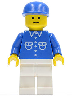 Preowned LEGO® Minifigure – Town but014 Shirt w/6 Buttons Blue White Legs Blue Cap