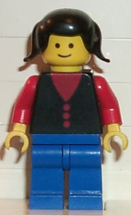 Preowned LEGO® Minifigure – Town but026 Shirt w/3 Buttons Red Red Arms Blue Legs Black Pigt