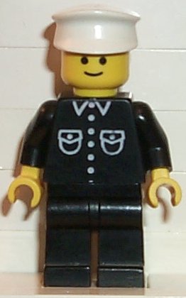 Preowned LEGO® Minifigure – Town but027 Shirt w/6 Buttons Black Black Legs White Hat