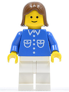 Preowned LEGO® Minifigure – Town but040 Shirt w/6 Buttons Blue White Legs Brown Female Hair