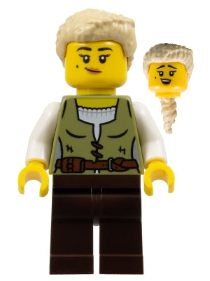 Preowned LEGO® Minifigure – Castle cas582 Carpenter - Female, Olive Green Vest, Dark Brown Legs, Tan Coiled Hair Ponytail