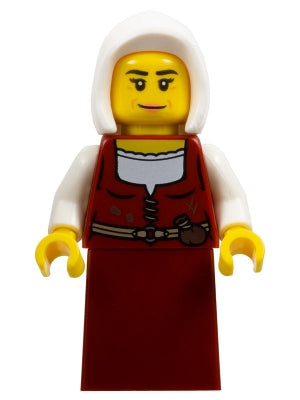 Preowned LEGO® Minifigure – Castle cas586 Innkeeper - Female, Dark Red Dress, White Hood