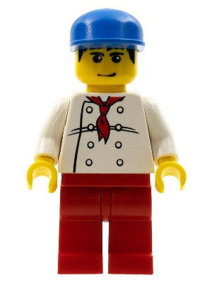 Preowned LEGO® Minifigure – Town chef013 Chef White Torso w/8 Buttons Red Legs Blue Cap