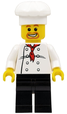 Preowned LEGO® Minifigure – Town chef018 Chef White Torso w/8 Buttons Black Legs Beard Arou