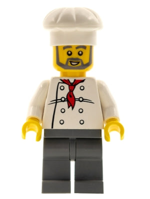 Preowned LEGO® Minifigure – Town chef021 Chef White Torso w/8 Buttons Dark Bluish Gray Legs