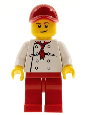 Preowned LEGO® Minifigure – Town chef023 Chef White Torso w/8 Buttons Red Legs and Red Cap