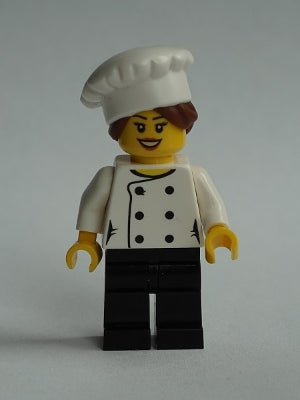 Preowned LEGO® Minifigure – Town chef026 Chef Black Legs Open Mouth Smile Hair in Bun LEGO®