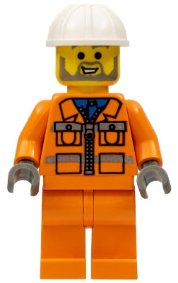 Preowned LEGO® Minifigure – Town con001 Construction Worker Orange Zipper Jacket Safety Str