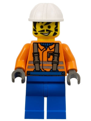 Preowned LEGO® Minifigure – Town con003 Construction Worker Orange Shirt White Construction