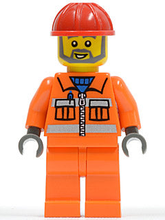 Preowned LEGO® Minifigure – Town con008 Construction Worker Orange Zipper Safety Stripes Or