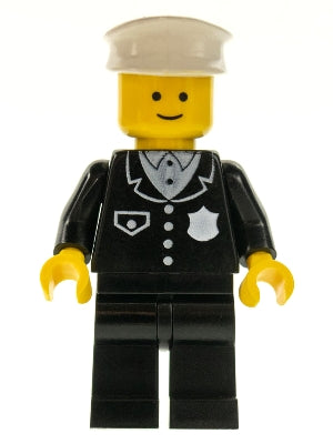 Preowned LEGO® Minifigure – Town cop001 Police Suit w/4 Buttons Black Legs White Hat