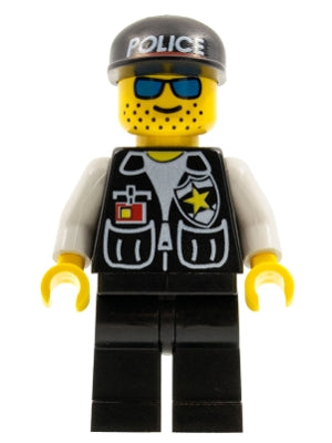 Preowned LEGO® Minifigure – Town cop009 Police Sheriff Star and 2 Pockets Black Legs White