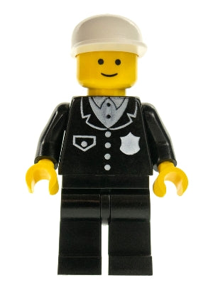 Preowned LEGO® Minifigure – Town cop012 Police Suit w/4 Buttons Black Legs White Cap
