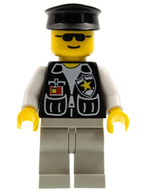 Preowned LEGO® Minifigure – Town cop028 Police Sheriff Star and 2 Pockets Light Gray Legs W