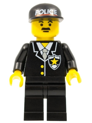 Preowned LEGO® Minifigure – Town cop034 Police Suit w/Sheriff Star Black Legs Black Cap w/P