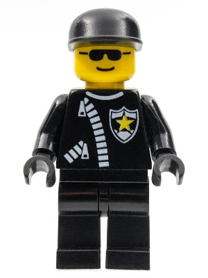 Preowned LEGO® Minifigure – Town cop041 Police Zipper w/Sheriff Star Black Cap Black Sungla